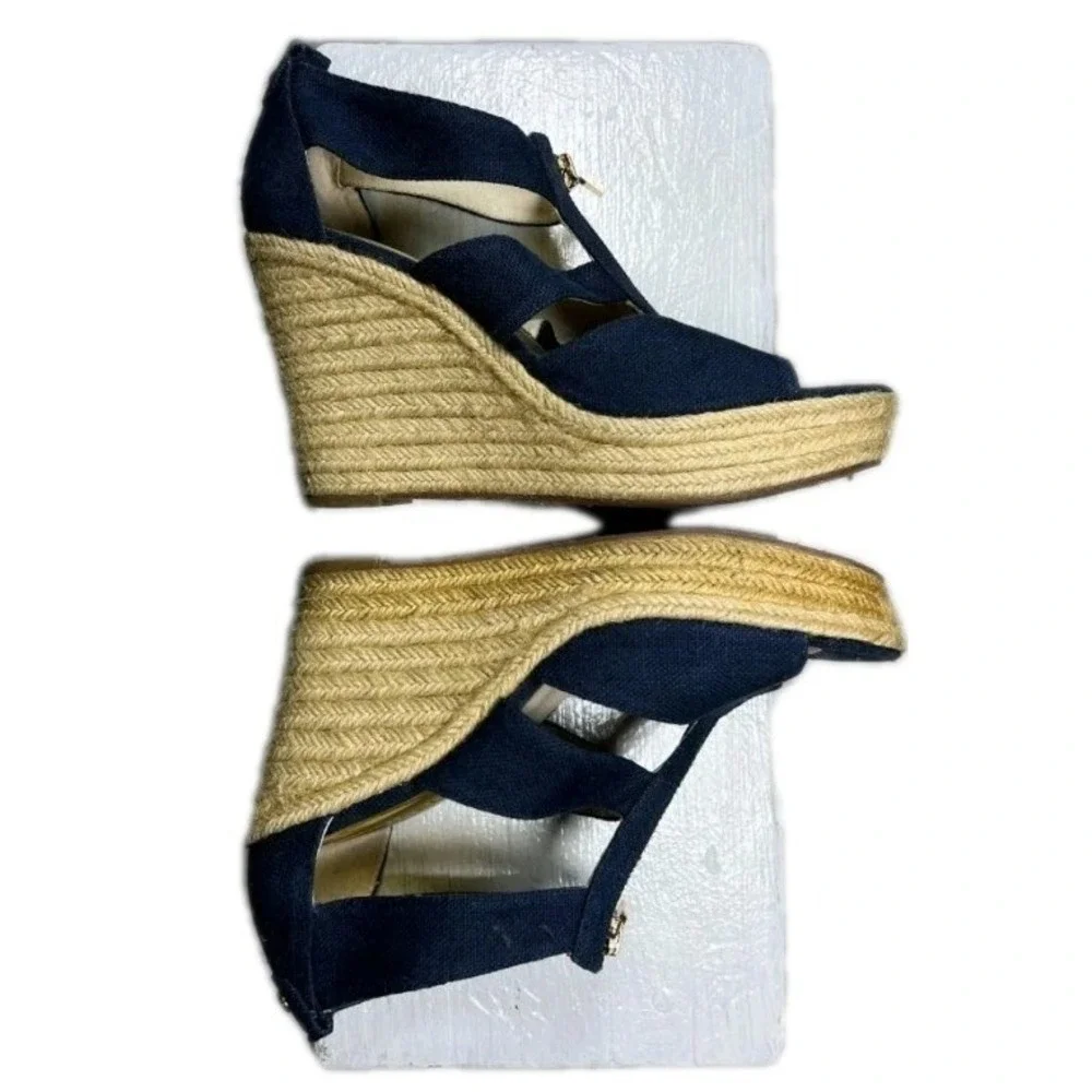 Michael Kors Navy Canvas Espadrille‎ Wedge Sandals Gold Zip Front 6.5M AG12K